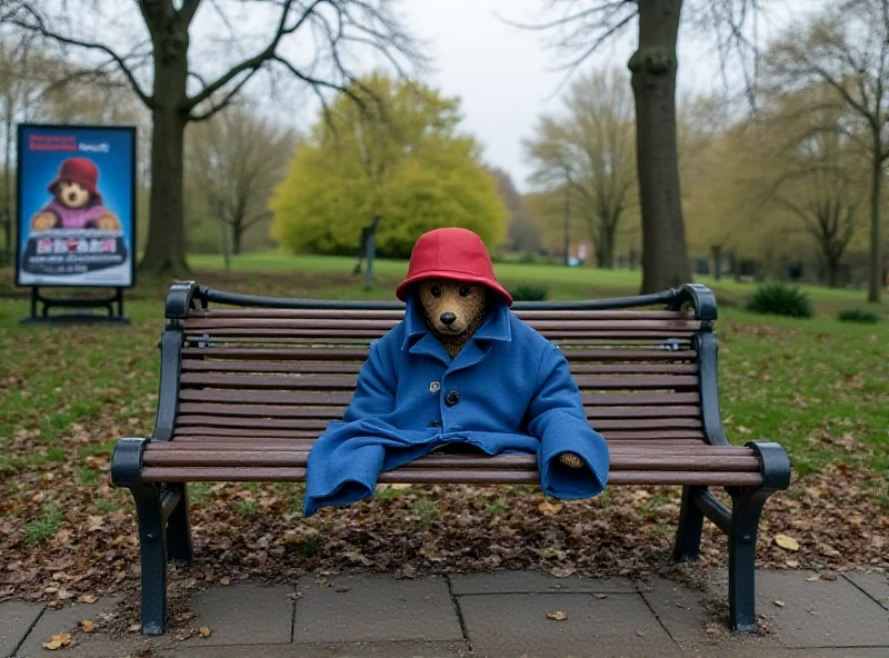 A Paddington Bear statue sitting on a park bench, with an empty coat where the statue used to be.