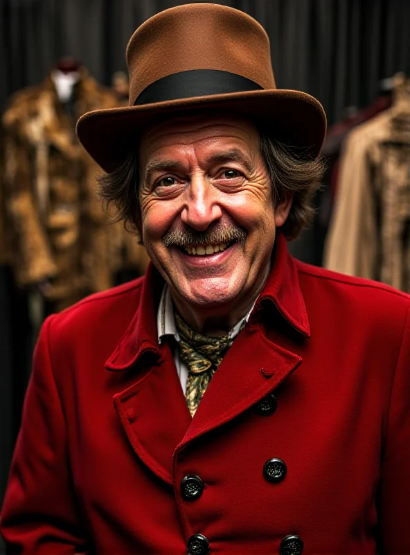 Hugh Grant in costume as Phoenix Buchanan from Paddington 2, smiling mischievously.