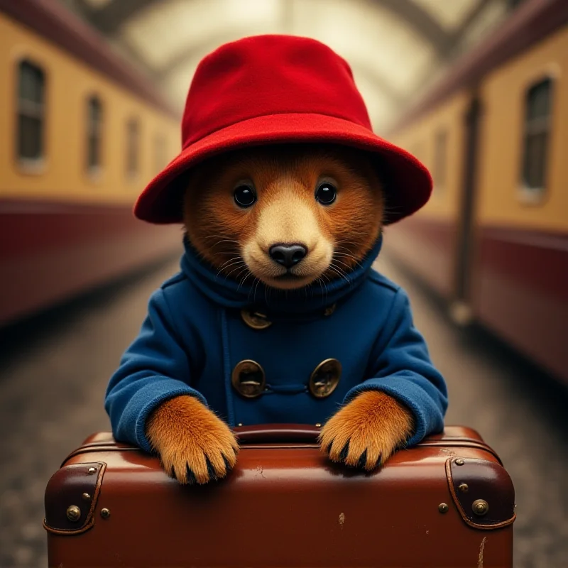 Paddington Bear standing in front of a suitcase, wearing his signature blue coat and red hat, looking curious.