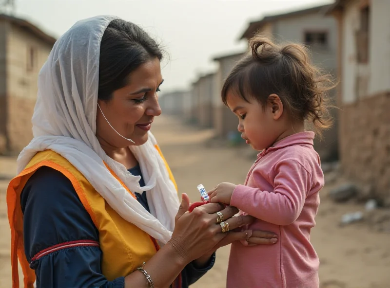 A health worker administering polio vaccine to a child in a rural area of Pakistan.