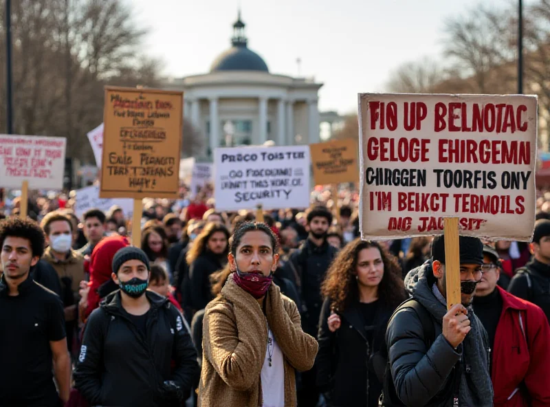 Crowd of people protesting with signs about peace and security.