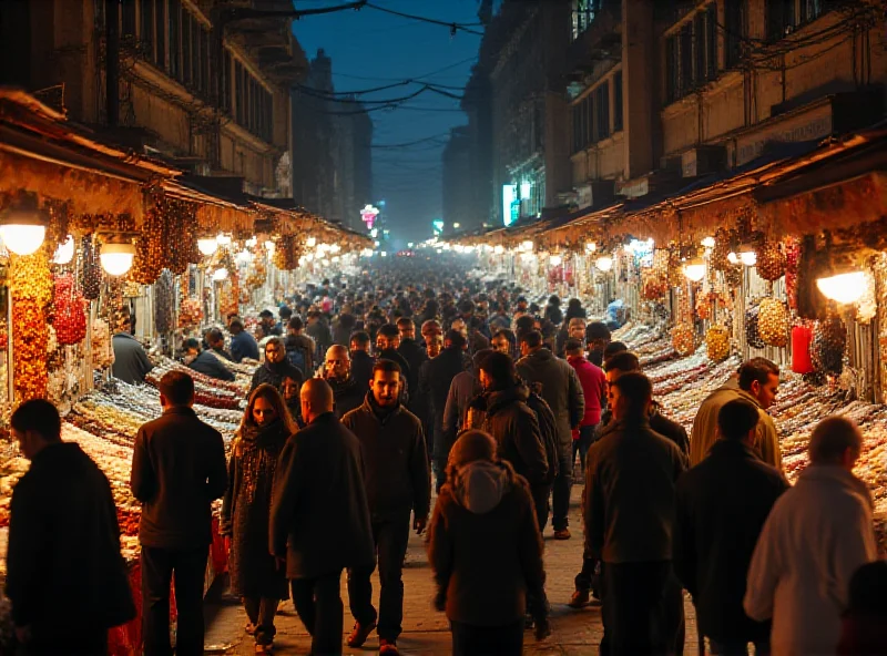A bustling Ramadan bazaar with vendors and shoppers.