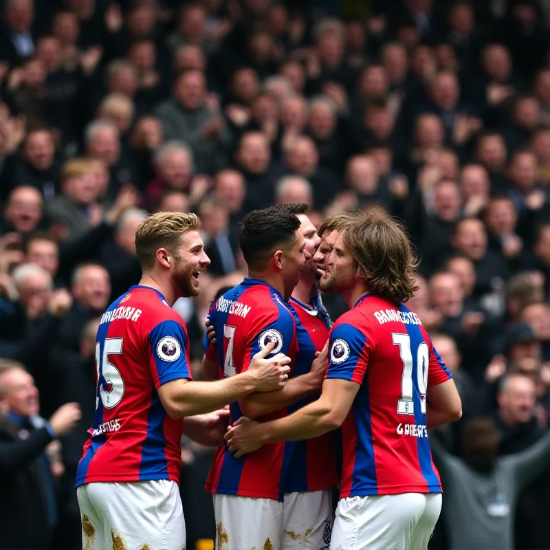 Crystal Palace players celebrating a goal with fans in the background