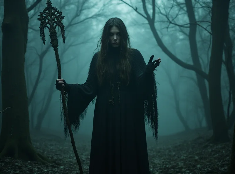 Milla Jovovich as a powerful witch, Gray Alys, in a dark and mystical setting.
