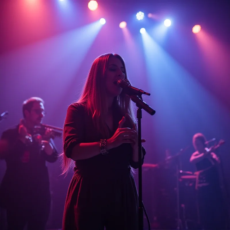 Gracie Abrams performing on stage with a microphone and a band in the background, bathed in soft lighting.