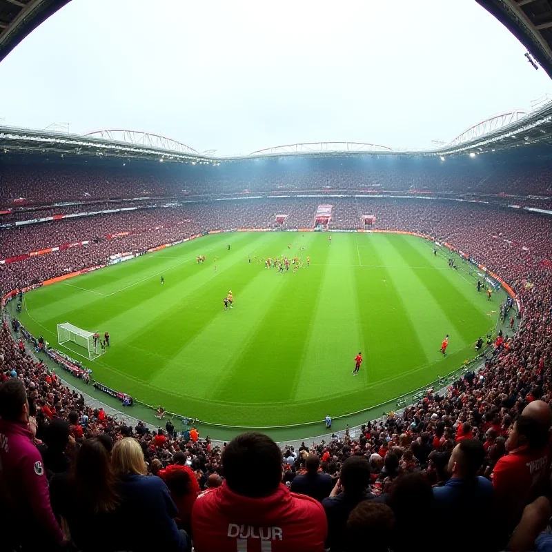 Panoramic view of a Premier League stadium during a match, filled with cheering fans and vibrant colors