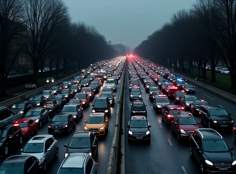 Aerial view of a massive traffic jam in Paris, with emergency vehicles visible in the distance.