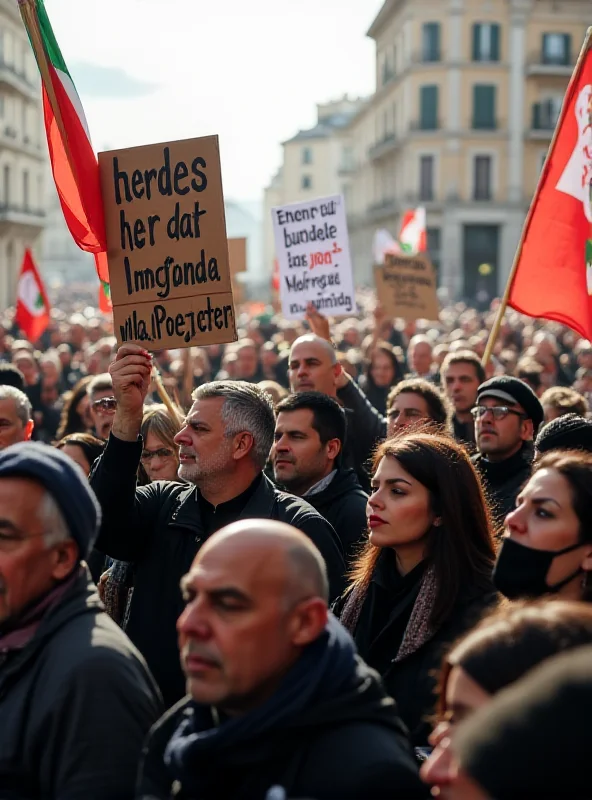 A protest in Italy with people holding signs and banners related to immigration policies.