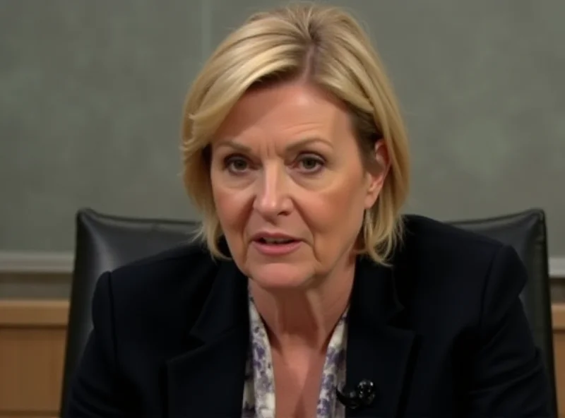 Marine Le Pen during an interview, looking directly at the camera with a serious expression.