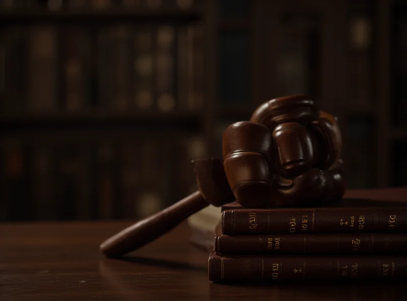 A gavel resting on a stack of legal books in a courtroom setting.