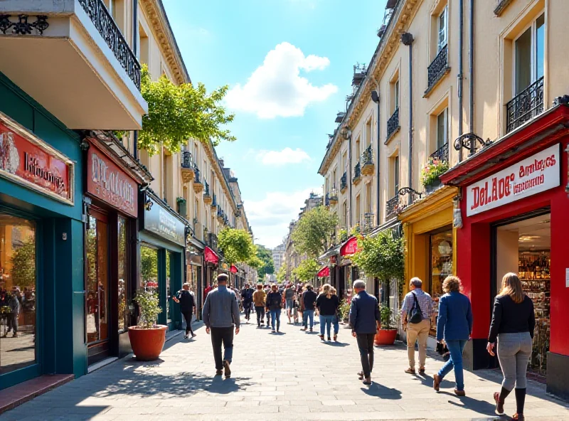 A vibrant street scene in Saint-Denis, showcasing modern architecture and diverse pedestrian traffic.