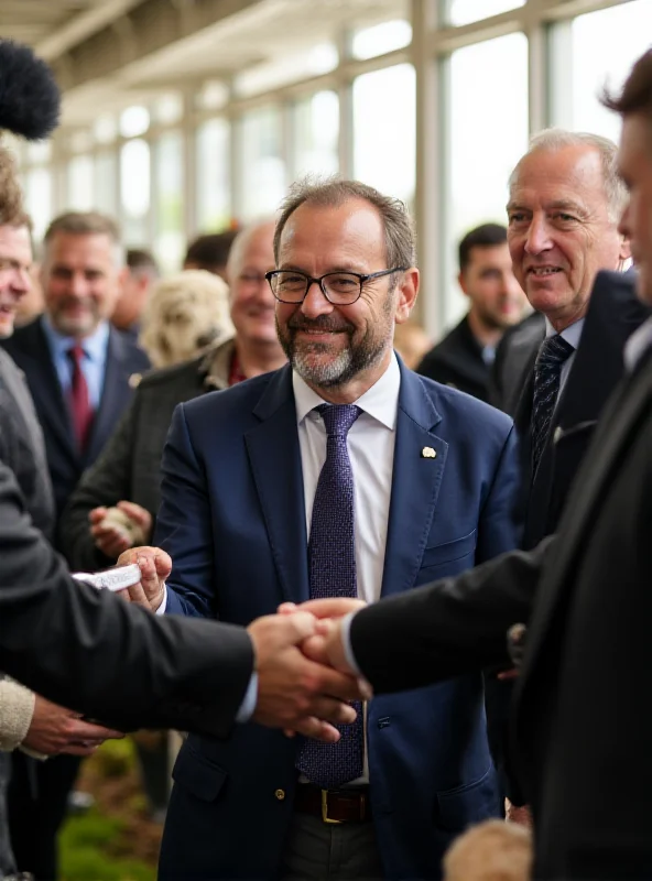 Gabriel Attal shaking hands with a farmer at the Agricultural Show in Paris, surrounded by people and farm animals.