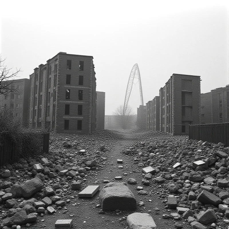 Black and white photograph of the demolition of the Quarry Hill flats in Leeds, taken by Peter Mitchell.