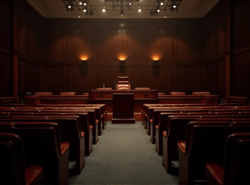 Interior of a legislative assembly hall, empty seats, focused on the speaker's podium.