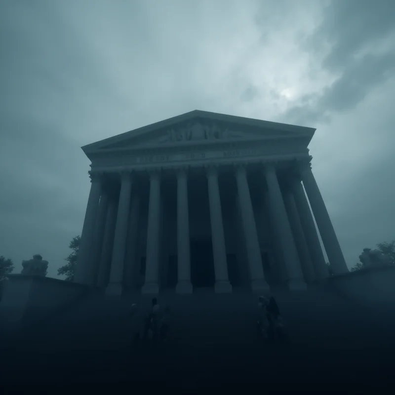 A silhouette of a courthouse against a cloudy sky, symbolizing the ongoing legal proceedings and the weight of the decisions to be made.