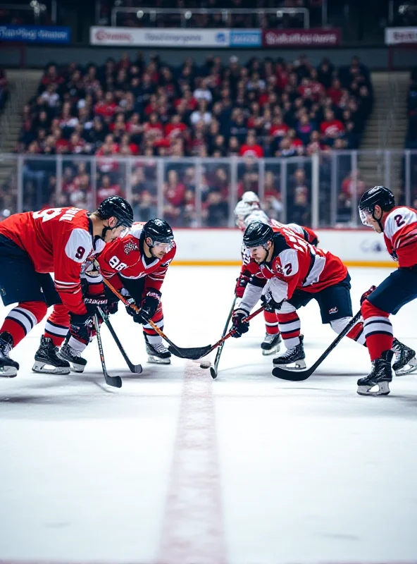 Canadian and American ice hockey teams facing off.