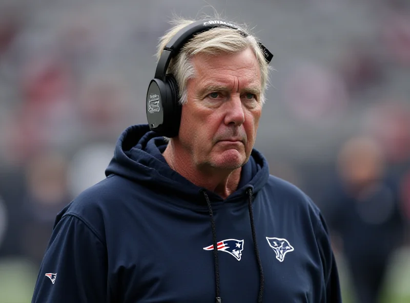 A disappointed New England Patriots coach Bill Belichick on the sidelines during a game. He looks frustrated and concerned.