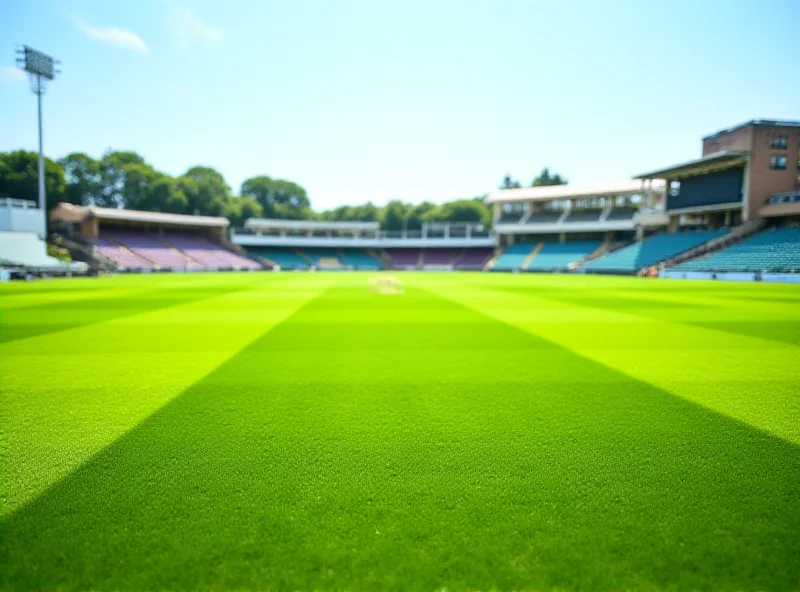 A lush green cricket pitch, perfectly manicured, with the stands of Grace Road stadium in the background.