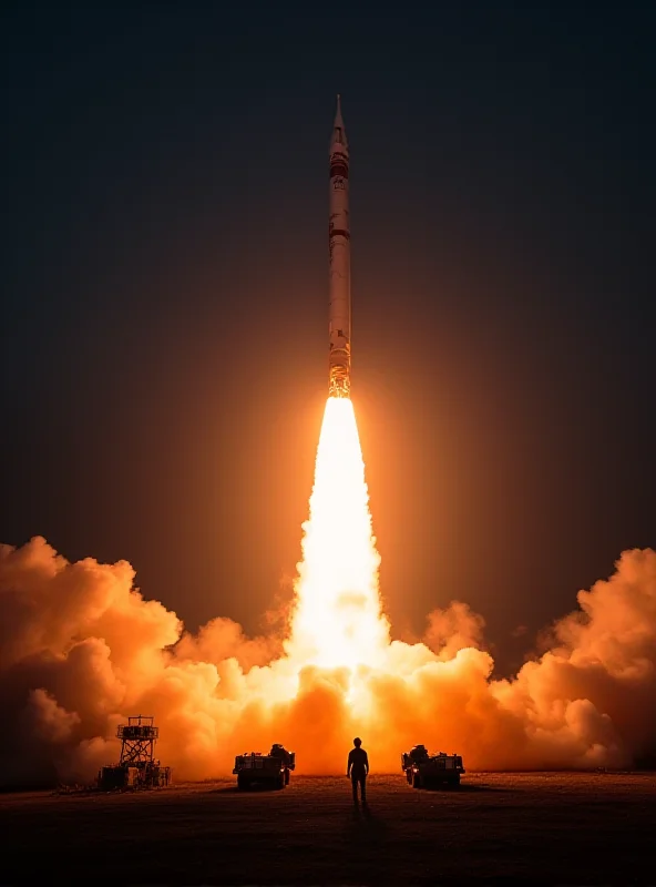 Dramatic image of a nuclear missile launch at night.