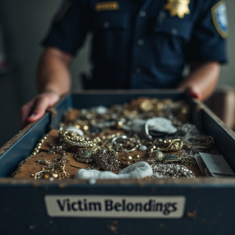 Close-up of evidence box labeled 'Victim Belongings' with blurred police officer in background.