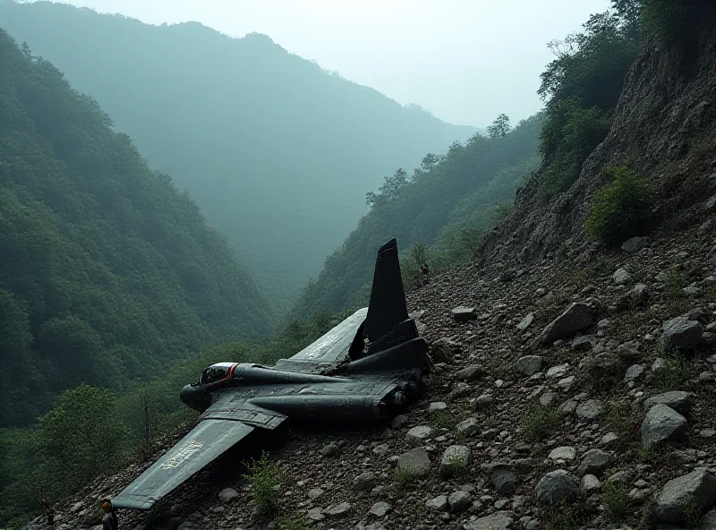 Wreckage of a fighter jet in a mountainous region.