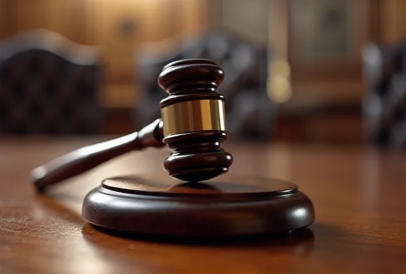 Gavel hitting sound block on a wooden table in a courtroom