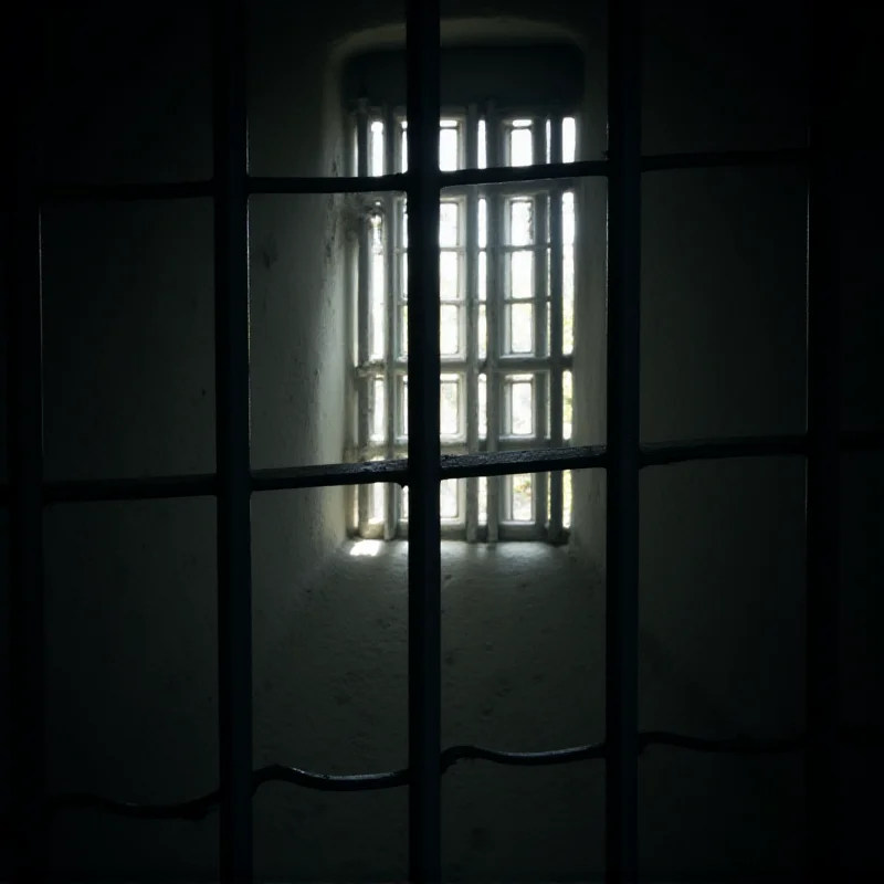 A barred prison window with light shining through