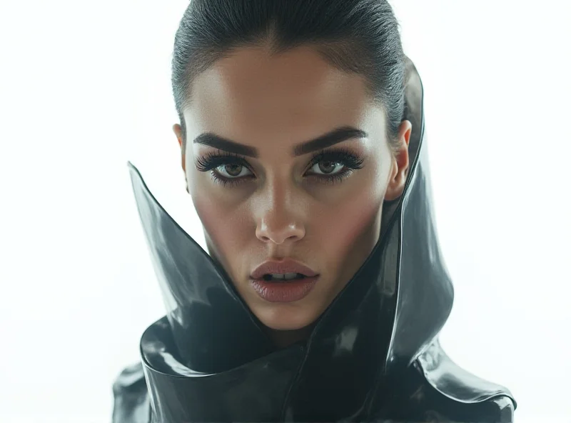 A model wearing a futuristic and avant-garde fashion outfit poses dramatically against a stark white background.