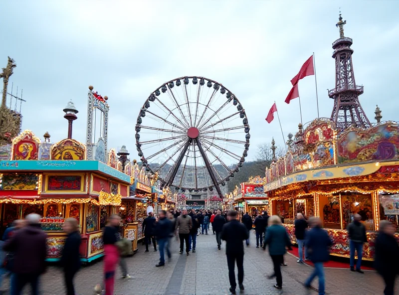 A wide shot of the Matějská fair in Prague, Czech Republic, showing the various rides and attractions.