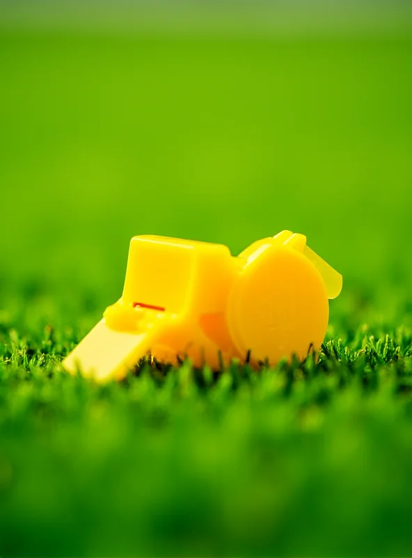 A close-up shot of a referee's whistle and yellow card on a lush green football field, symbolizing the integrity and rules of the game.