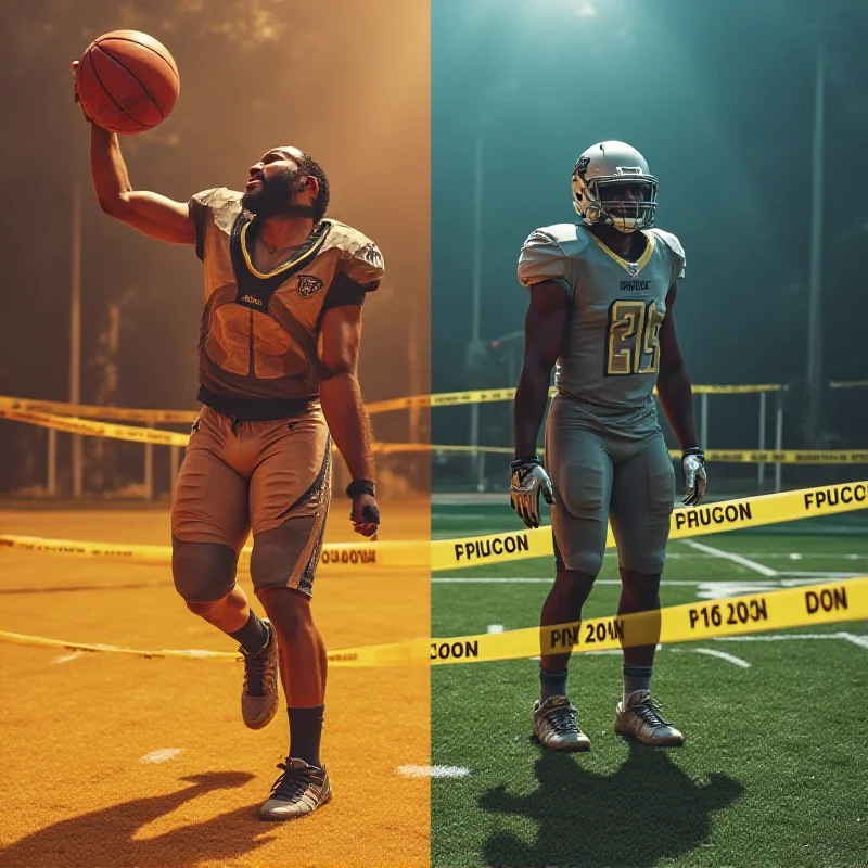 A split image showcasing the contrast between the joy of victory in basketball and the seriousness of a football bribery investigation. On one side, a basketball player triumphantly holding the ball, and on the other side, police tape surrounding a football field.
