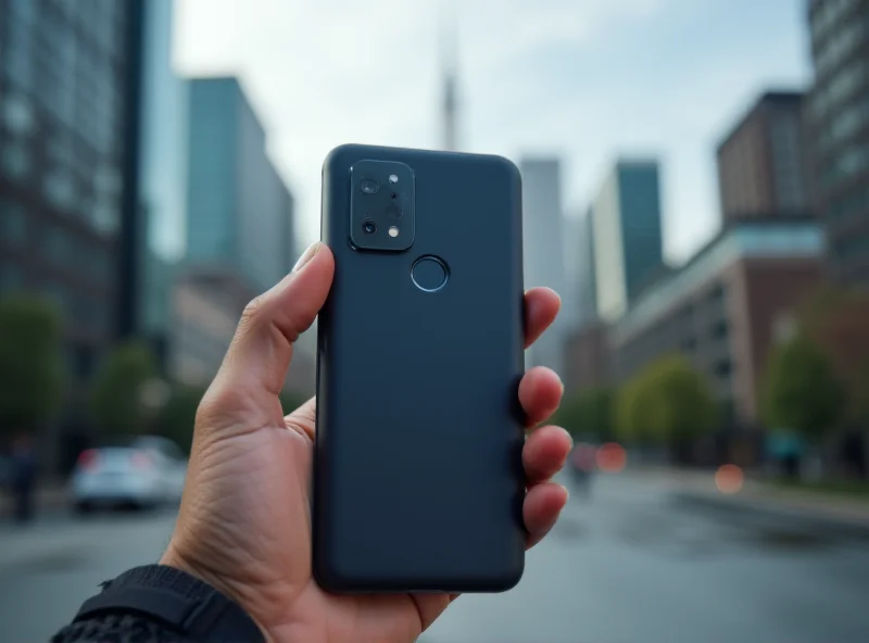 A sleek, modern Google Pixel 9a smartphone held in a hand against a blurred cityscape background, showcasing its design.