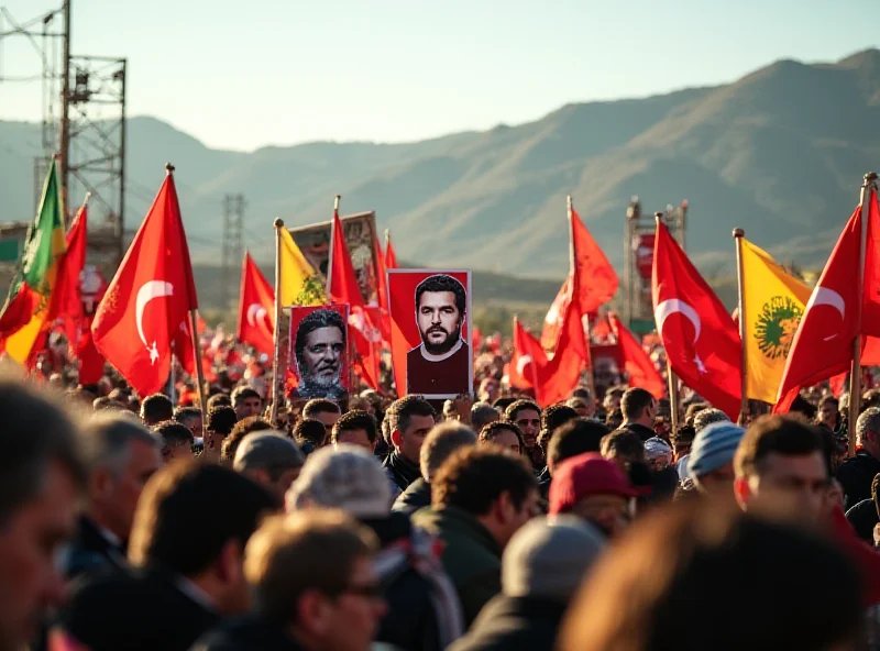 A group of Kurdish people holding flags and banners in support of Abdullah Öcalan, some displaying his picture, with a backdrop of mountains.