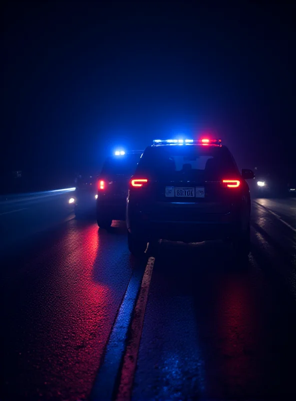 A police car with flashing lights on a dark road at night.