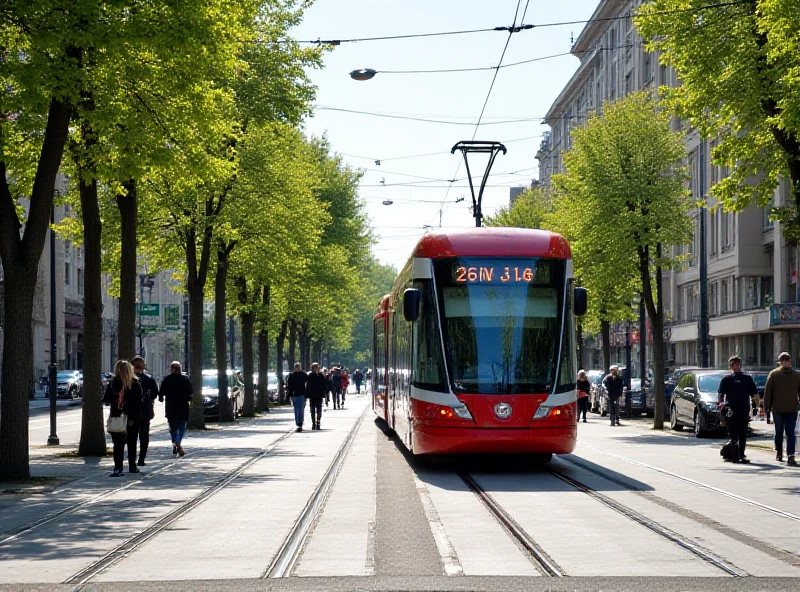 A modern tram traveling down a city street in Wrocław, Poland, with modern buildings in the background.