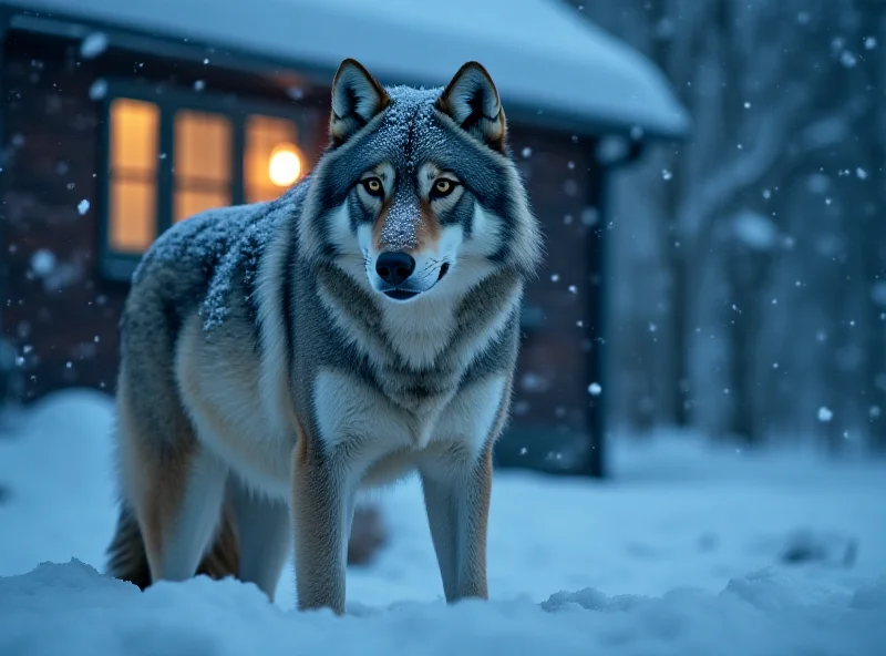 A majestic wolf standing near a snow-covered house, illuminated by the warm glow of interior lights emanating from a window. The wolf is looking directly at the window, as if contemplating its next move.