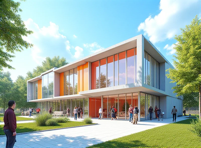 An architectural rendering of a modern cultural center in Ursus, Poland. The building features large glass windows, a sleek design, and a welcoming entrance area. People are depicted entering and exiting the building, suggesting a vibrant community space.