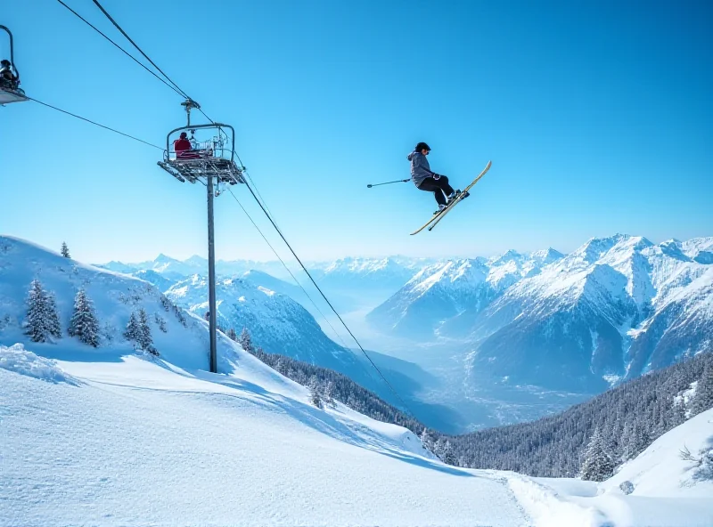 A chairlift moving across a snowy landscape with skiers and snowboarders. The scene is set in the Italian Alps, with snow-covered peaks and a clear blue sky. A lone skier is seen jumping from the chairlift.