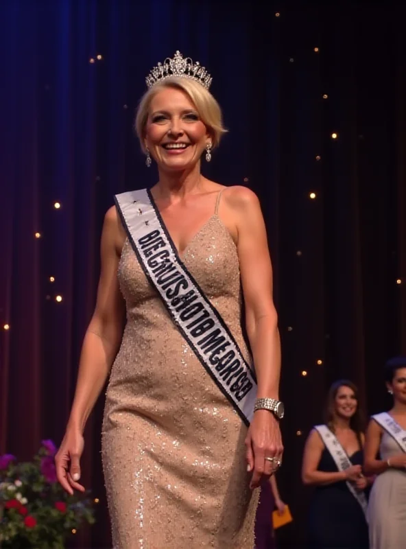 A senior woman, Mrs. Mieczysława, smiling and wearing a crown and sash at a beauty pageant.
