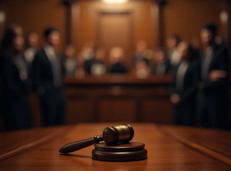 A courtroom scene with lawyers and a judge, symbolizing the potential lawsuit against the influencer.