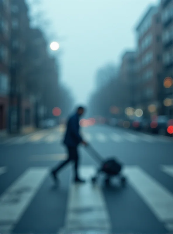 Conceptual image of a pedestrian crossing with a blurred figure pushing a stroller, suggesting an accident.