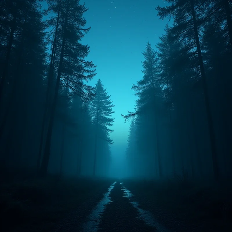 A somber landscape with a dark forest in the background, symbolizing a mysterious disappearance.