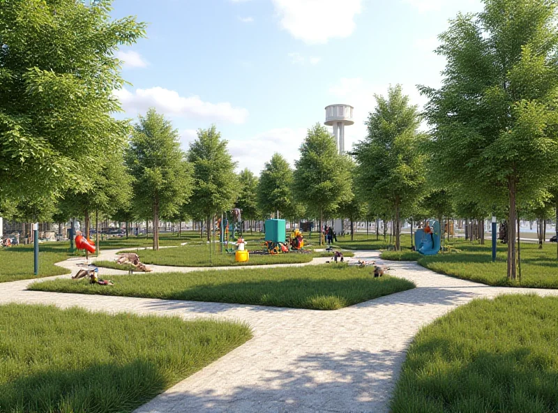A rendering of a park with walking paths, a playground, and a dog run.