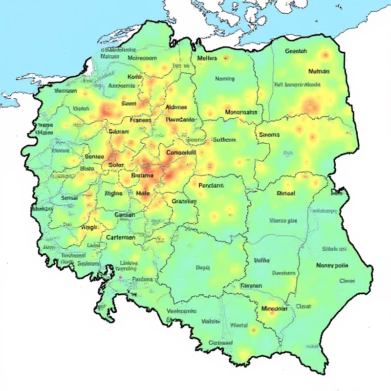 A weather map of Poland showing different weather conditions.