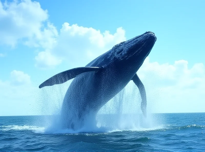 Humpback whale breaching the water, sunlight reflecting off its skin.