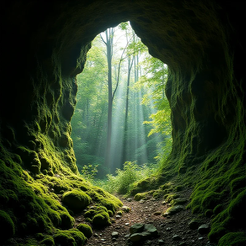 The entrance to a cave, with sunlight streaming in, surrounded by trees and vegetation.