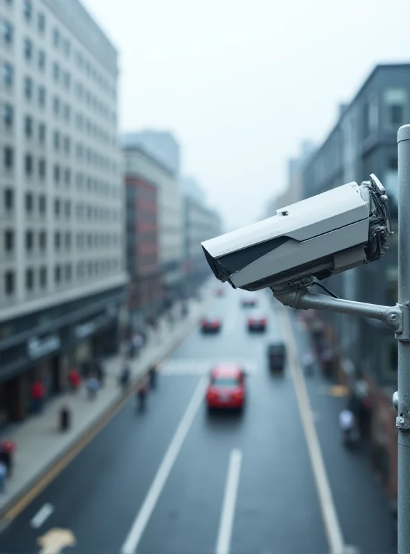 A modern city surveillance camera mounted on a pole, overlooking a busy street with pedestrians and traffic. The camera is sleek and high-tech, symbolizing enhanced security and monitoring.