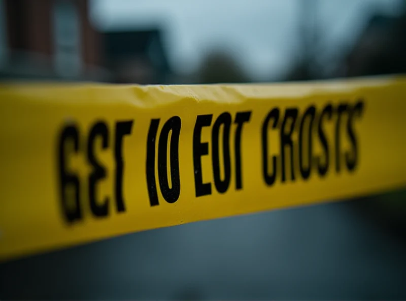 Police tape at a crime scene, blurred background.