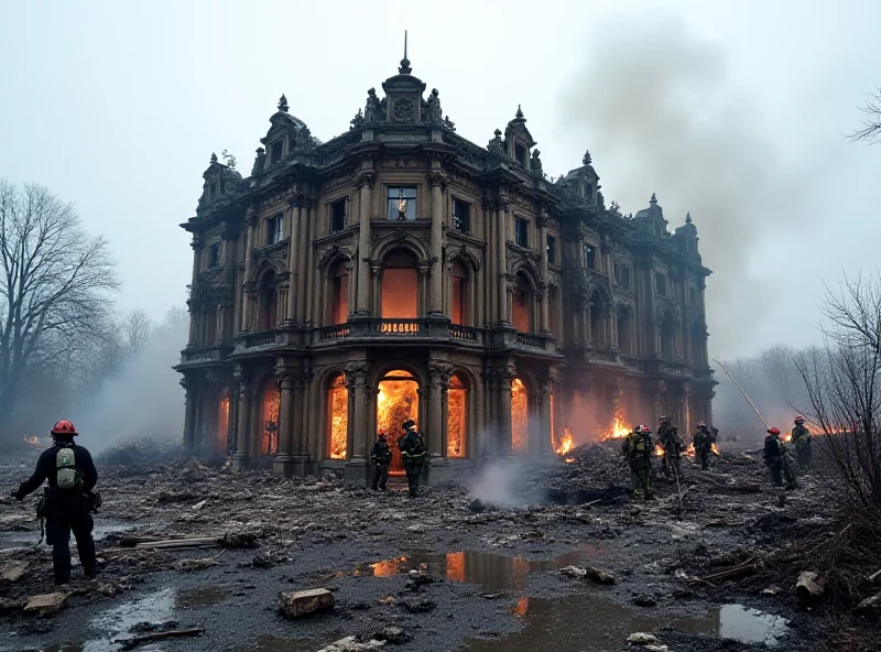 Exterior of a burned building with firemen present