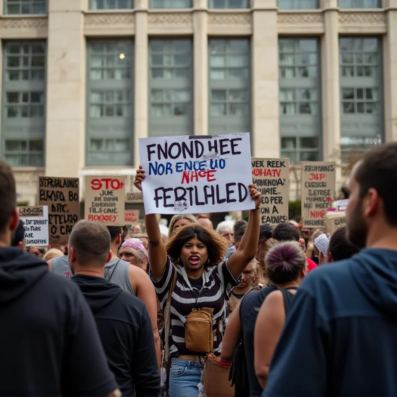 Protestors with signs in front of a building